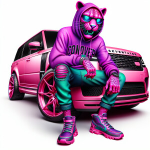 Create a colorful/psyscadelic character of pink panther wearing...