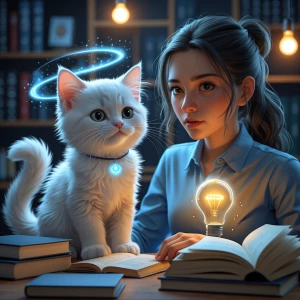 Create an image of a charming white kitten with mystical abiliti...