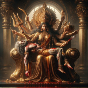 portrait of angry looking goddess durga sitting on a gold crown and carrying a weak mahishasur on her lap and stabbing him with her amazingly designed trident. She is wearing gold armor, a huge gold crown, gold saree, abundant  gold jewelry, covered in blood. The scene is set in ancient India. The image is 8K resolution, cinematic, ultra detailed face and epic.