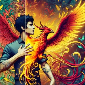 Design a phoenix tattoo with a primarily red outline, incorporat...