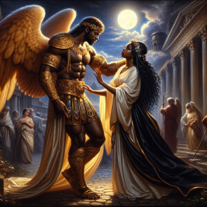 Create an oil painting image featuring a male angel with huge mu...