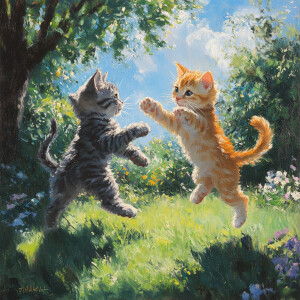 Two playful kittens, one gray and one orange, playing together o...