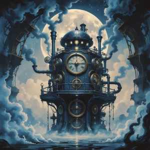In the center of the painting, a hauntingly enchanting steampunk...