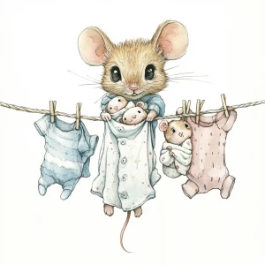 Cute mouse with expressive eyes, hanging laundry on a line which has lots of baby clothing hanging off it on clothing pins. She is adorable and has 2 little baby mice hanging from the line wrapped in blankets. Style is watercolor, with pencil outlines.