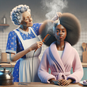 Create a realistic 3-D image of an african-American grandmother wearing a blue house dress and a white apron . She is in the kitchen with her african-American granddaughter. Her granddaughter is wearing a pink bath robe. The grandmother has a hot comb in her hand and she is straightening her granddaughters hair. One side of her granddaughters hair is in  a Afro the other straight 
There is smoke coming from the hot comb
The granddaughter is making a face