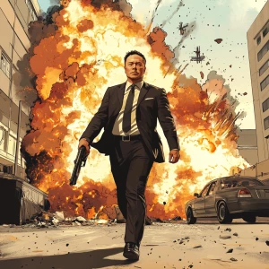 Elon Musk..Elon walking away from an exploding building holding...