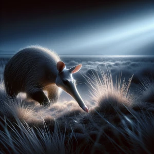 Create a realistic image of an aardvard foraging at twilight, wi...