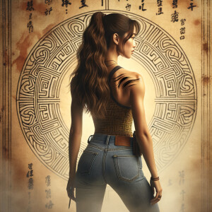 Athletic Thin skinny Attractive, Asian teenage girl, long brown hair and bangs, wearing tight skinny jeans and a halter top paint marks on her clothing, heroic pose Asian graffiti background, backside view