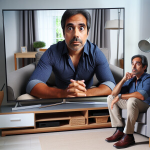 A man watches TV and recognizes himself in it