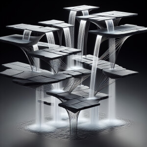 A visually captivating waterfall suspended in distinct segments....