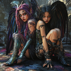 beautiful whimsical punk-goth Demon and punk-goth Angel, full bo...