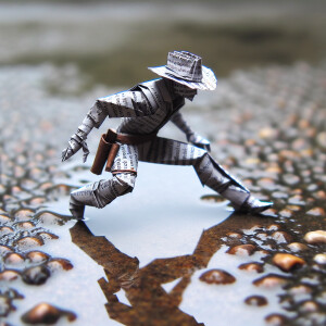 Create an image of a figure made from folded newspaper, posed as...