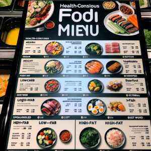 自助快餐店的菜单，专注于健康轻食，包括多名种肉类、海鲜、新鲜蔬菜...