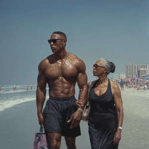 hyperRealism photo painting.a muscular sweaty  employer man walk...