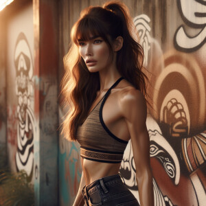 Athletic Thin skinny Attractive, Asian teenage girl, long brown hair and bangs, wearing tight skinny jeans and a halter top paint marks on her clothing, heroic pose Asian graffiti background, side view