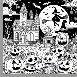 Design a Halloween-themed coloring book page using a minimalisti...