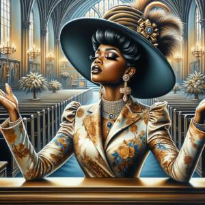 Render an airbrush oil painting of an African American woman with flawless makeup
kneeling at a church altar, her hands raised in a gesture of surrender to God. She's
dressed in stylish Sunday Best attire, with a particular focus on the delicate details of
her Church Hat. The background features a beautifully painted church interior, with the
oil paint texture enhancing the sacred atmosphere. The artwork should capture the
woman's devout expression, the elegance of her attire, and the spiritual ambiance of
the church setting, reflecting a moment of deep faith and devotion.