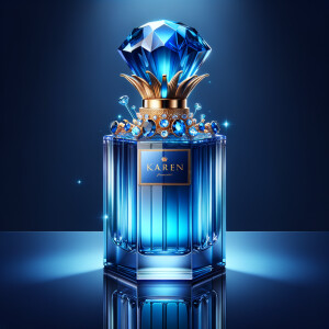 A digital illustration of a luxurious perfume bottle with a tall, faceted cap designed to mimic a deep blue gemstone, giving a sapphire-like appearance. The bottle, displaying a vivid blue color with light refraction effects, suggests the high clarity of glass. It rests on a reflective surface, hinting at the elegance of the product. A golden crown, ornately decorated with sparkling diamonds and inset with sapphire-blue gemstones, encircles the bottle's neck, adding to its opulence. The name 'KAREN' is featured in a prominent, sophisticated script on the front of the bottle, standing out against the deep blue background. The overall image conveys a sense of luxury and high fashion.