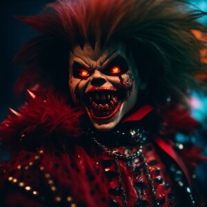 demonic chucky with half skull face with glow-in-the-dark fangs,...
