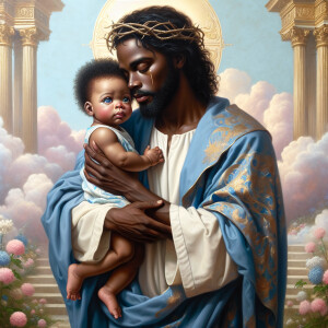 Classical oil painting style depicting an African-American Jesus...