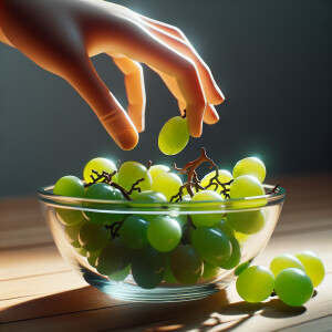 I want a glass bowl of green grapes being eaten by a brown hand