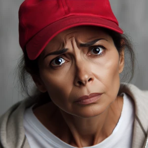 A very confused concerned and upset middle aged woman with a red...