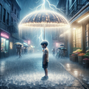 An ultra HD realistic image of a sad child standing in front of...