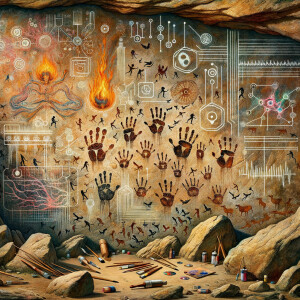 Cave Art with Handprints symbols for fire, water and air, macro, circuitry, cellular structures, DNA paint brushes and artc pallets small birds, flying cardiogram print out slide detector print electromagnetic fields linear grid golden ratio