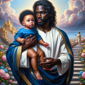 Classical oil painting style depicting an African-American Jesus...