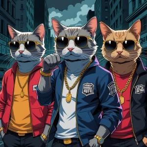 A group of cool gangster cats in an urban environment, wearing s...