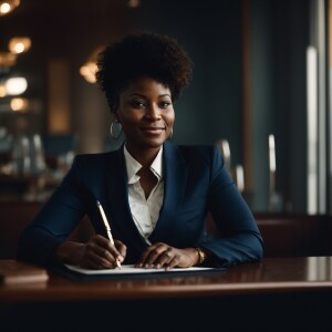 A black woman in a  business suit, sitting at a table holding a...