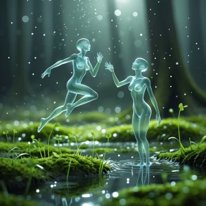 A hyper-realistic macro shot of a mystical forest floor, covered...