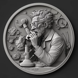 Design a high-contrast grayscale 3d bas relief of mad scientist,...