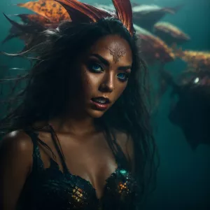 An evil mermaid ::3 with sharp teeth::3, malevolent glowing eyes...