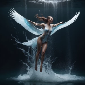 * "A flowing transition of water turning into a bird in flight."