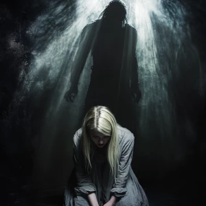 Create a cinematic image featuring a petite blonde woman crouche...