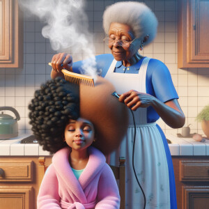 Create a realistic 3-D image of an african-American grandmother wearing a blue house dress and a white apron . She is in the kitchen with her african-American granddaughter. Her granddaughter is wearing a pink bath robe. The grandmother has a hot comb in her hand and she is straightening her granddaughters hair. One side of her granddaughters hair is in  a Afro the other straight 
There is smoke coming from the hot comb
The granddaughter is making a face