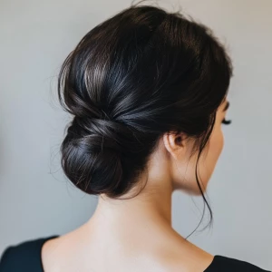 a woman, look to the camera, close up photo, Low Bun Hairstyle,...