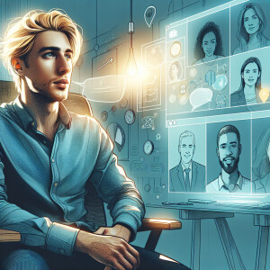 Young man 
Blond hair 
Sitting on chair
Talking with people givi...