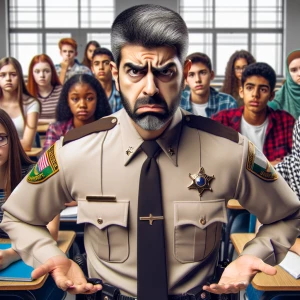 An agitated sheriff's deputy, dressed in uniform, stands at the...