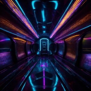 In the dimly lit void of space, a phosphorescent shimmering quan...