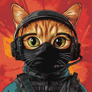 A wide-eyed ginger cat wearing a black tactical balaclava (or ma...