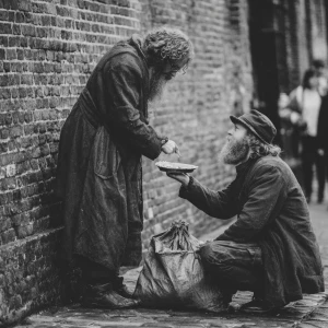 Giving food to a poor homeless white man in rags