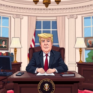 Donald Trump sits at desk in White House, in carton art style