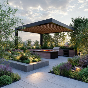 Design a modern rooftop garden featuring a gazebo and barbecue a...