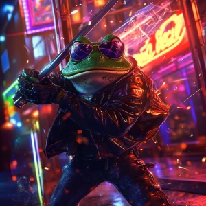 MEME PEPE frog wearing sunglasses and a leather jacket, mid-swin...