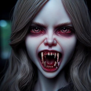 An absolutely terrifying hyper-realistic detailed depiction of a teenage vampire girl baring her fangs.