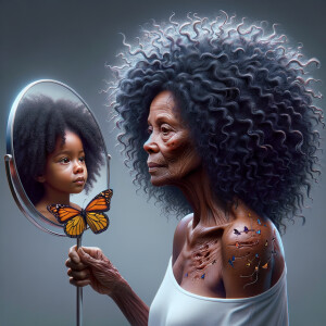 Create a 3-D realistic beautiful African-American  women with thick curly black hair
Looking at herself in the mirror, but the reflection she sees is a child, and she is no longer beautiful. She is ugly with scars. There is a fallen butterfly.