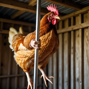 An anthropomorphic hen performing a pole dance inside a coop, mi...