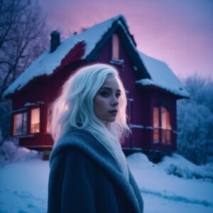 A girl with white hair knocks on a house with no light at night...